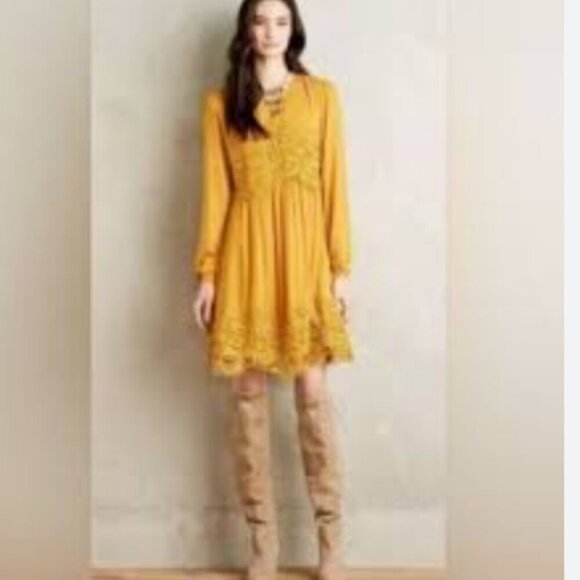 Maeve Dresses & Skirts - Anthropologie Maeve mustard yellow crochet lace trim baby doll dress LIKE NEW
